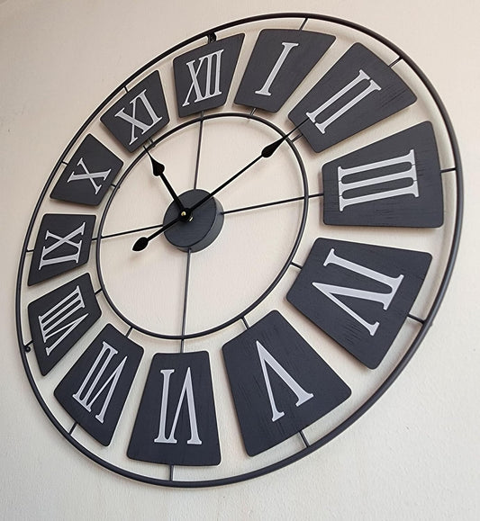 XL 76cm New Contemporary Wall Clock - Metal Wall Clock - Extra Large Skeleton Wall Clock - Elegant Grey Colour and Retro Style Design - Roman Numerals - Wall Art - Silent Clock