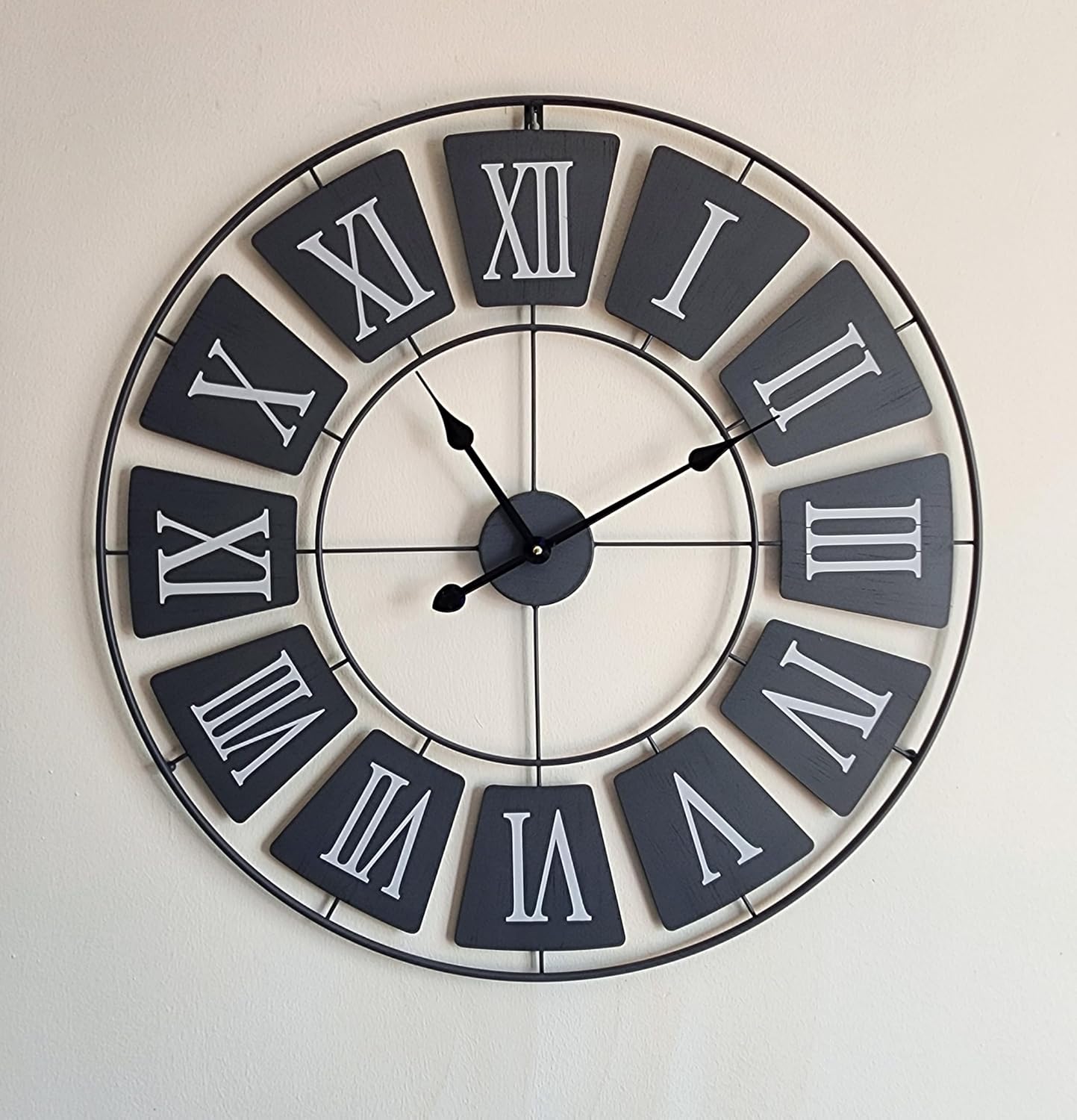 XL 76cm New Contemporary Wall Clock - Metal Wall Clock - Extra Large Skeleton Wall Clock - Elegant Grey Colour and Retro Style Design - Roman Numerals - Wall Art - Silent Clock