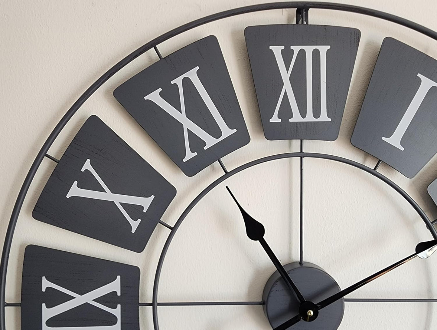 XL 76cm New Contemporary Wall Clock - Metal Wall Clock - Extra Large Skeleton Wall Clock - Elegant Grey Colour and Retro Style Design - Roman Numerals - Wall Art - Silent Clock