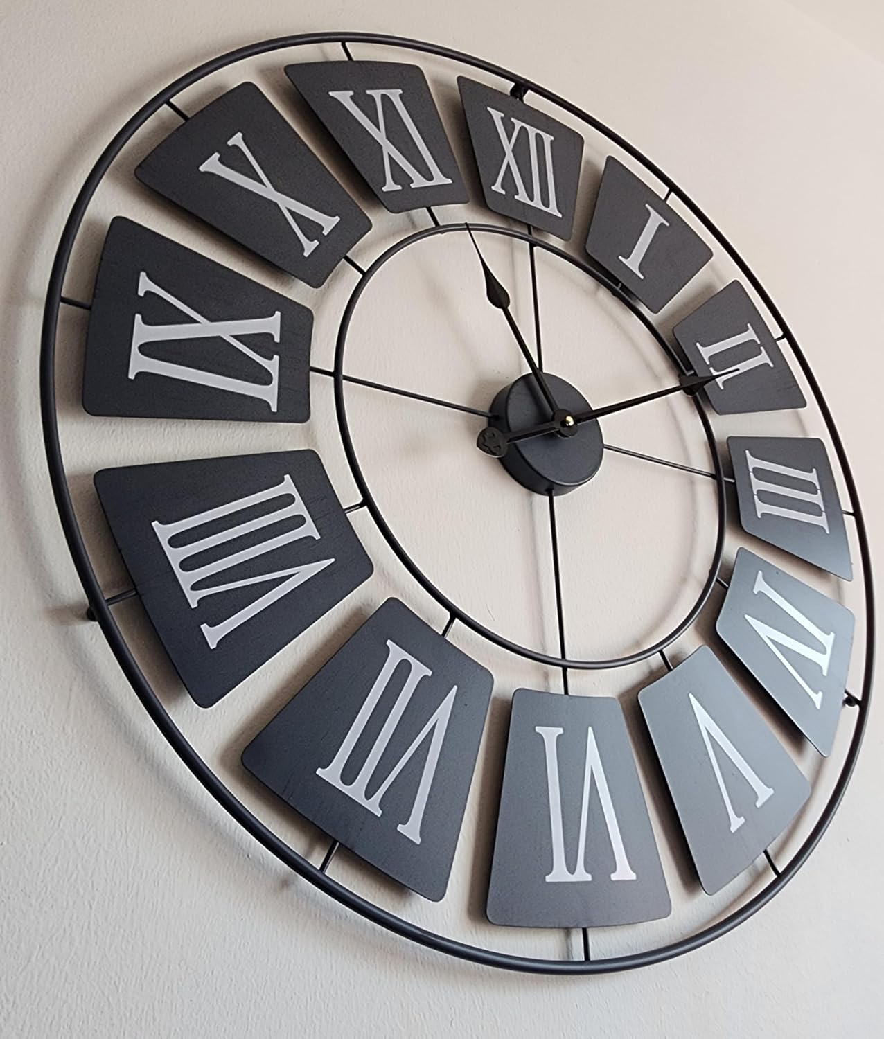 XL 76cm New Contemporary Wall Clock - Metal Wall Clock - Extra Large Skeleton Wall Clock - Elegant Grey Colour and Retro Style Design - Roman Numerals - Wall Art - Silent Clock