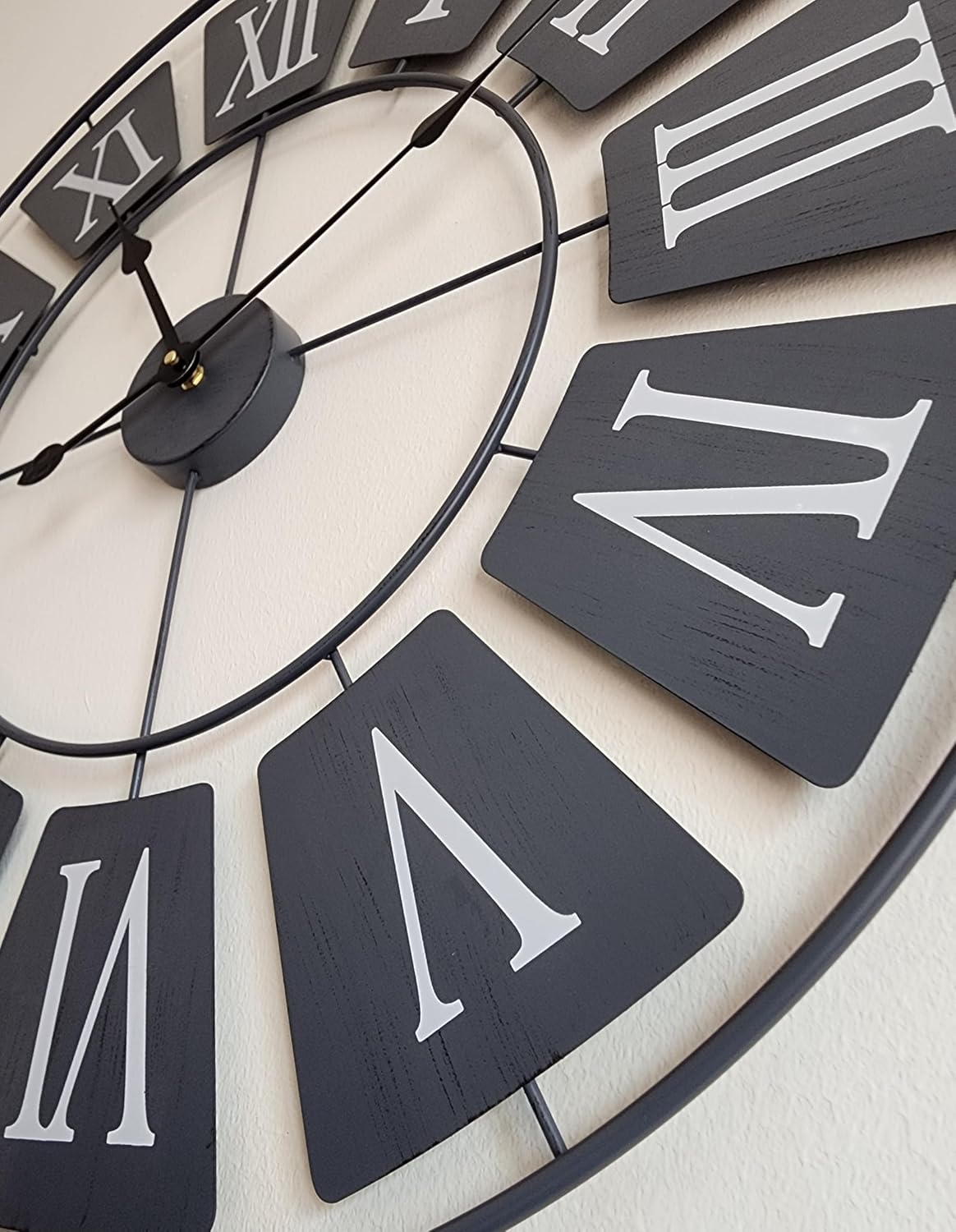 XL 76cm New Contemporary Wall Clock - Metal Wall Clock - Extra Large Skeleton Wall Clock - Elegant Grey Colour and Retro Style Design - Roman Numerals - Wall Art - Silent Clock