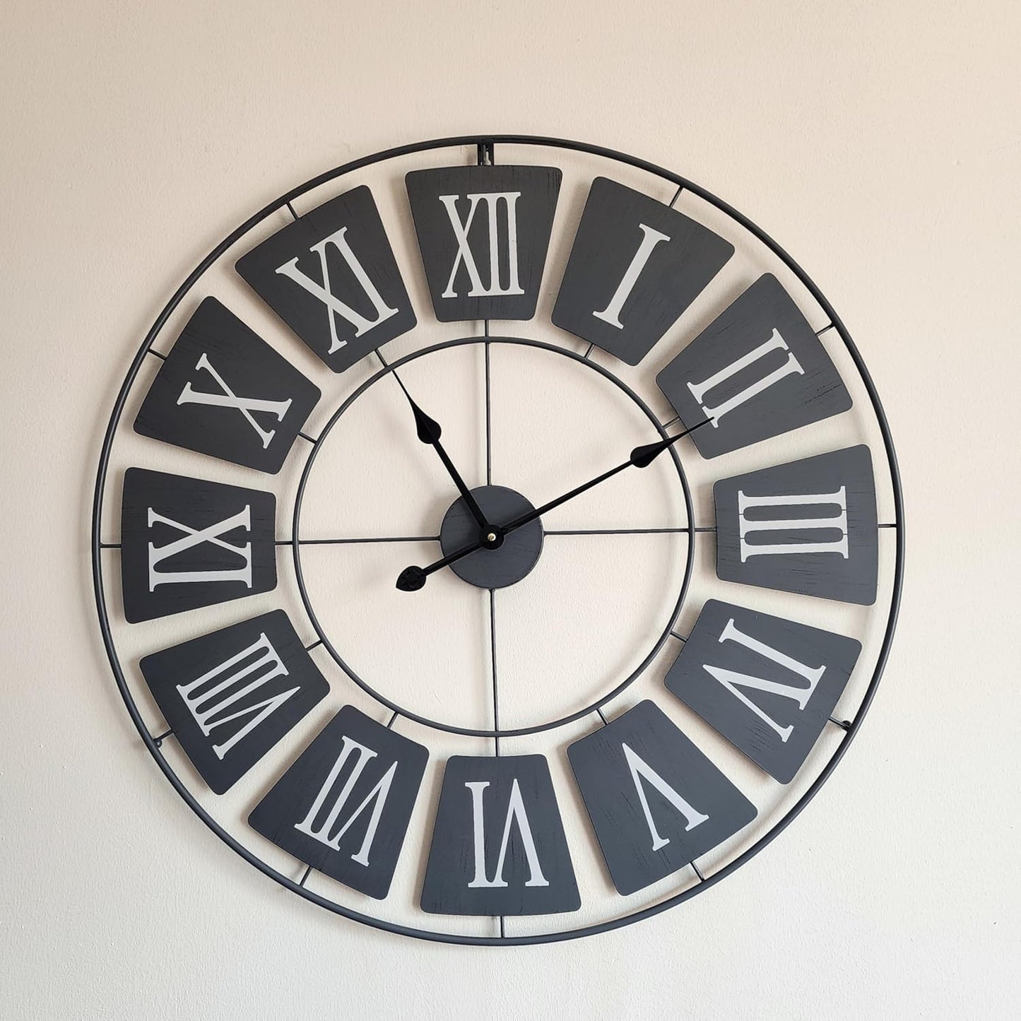 XL 76cm New Contemporary Wall Clock - Metal Wall Clock - Extra Large Skeleton Wall Clock - Elegant Grey Colour and Retro Style Design - Roman Numerals - Wall Art - Silent Clock