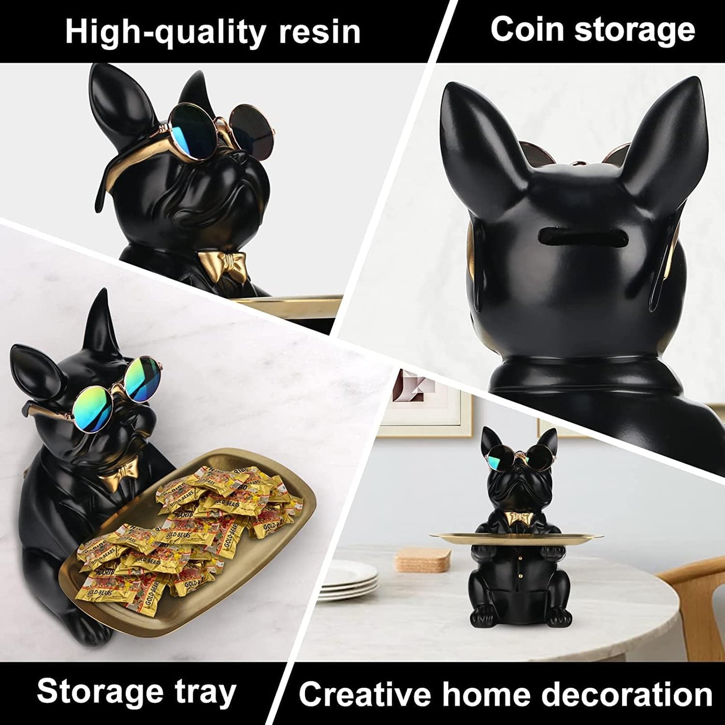 Resin Bulldog Desk Statue With Storage Tray and Cool Glasses Coin Bank Piggy Bank Storage Sculpture Table Decoration Multifunction Money Box Office Home Decor Coin Piggy Bank Storage - Black