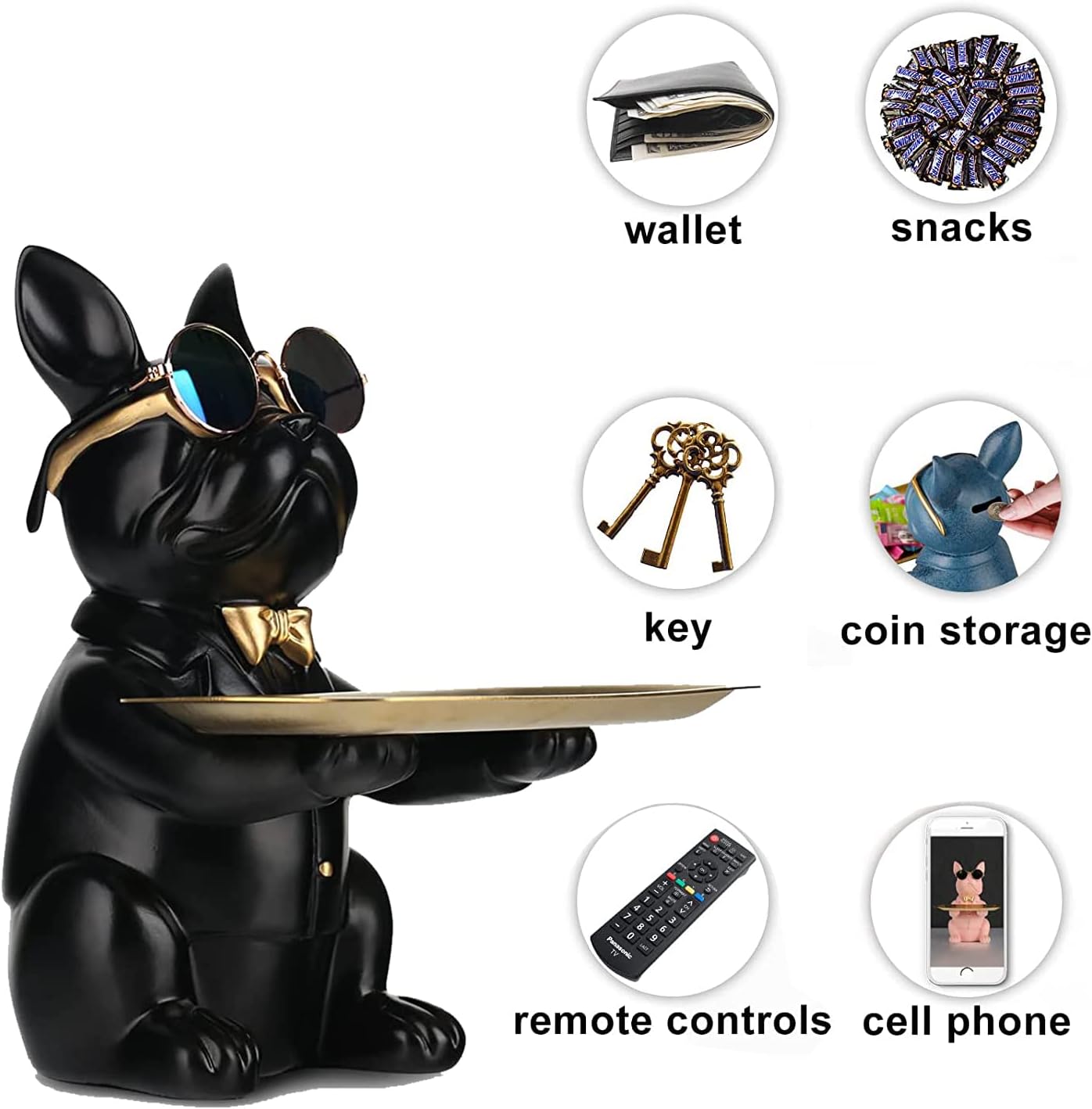 Resin Bulldog Desk Statue With Storage Tray and Cool Glasses Coin Bank Piggy Bank Storage Sculpture Table Decoration Multifunction Money Box Office Home Decor Coin Piggy Bank Storage - Black