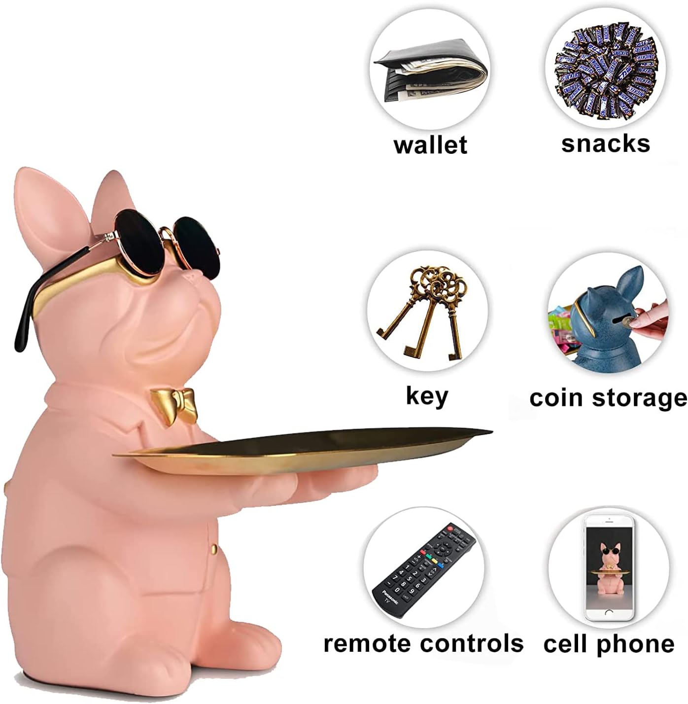 Resin Bulldog Desk Statue With Storage Tray and Cool Glasses Coin Bank Piggy Bank Storage Sculpture Table Decoration Multifunction Money Box Office Home Decor Coin Piggy Bank Storage - Pink
