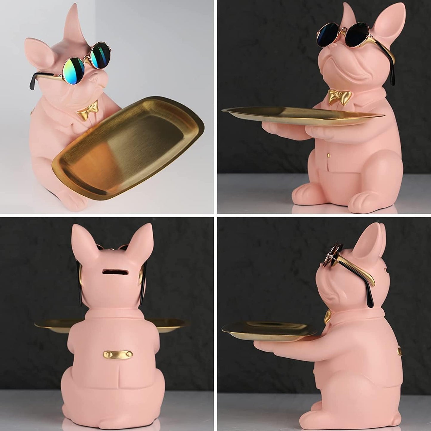 Resin Bulldog Desk Statue With Storage Tray and Cool Glasses Coin Bank Piggy Bank Storage Sculpture Table Decoration Multifunction Money Box Office Home Decor Coin Piggy Bank Storage - Pink