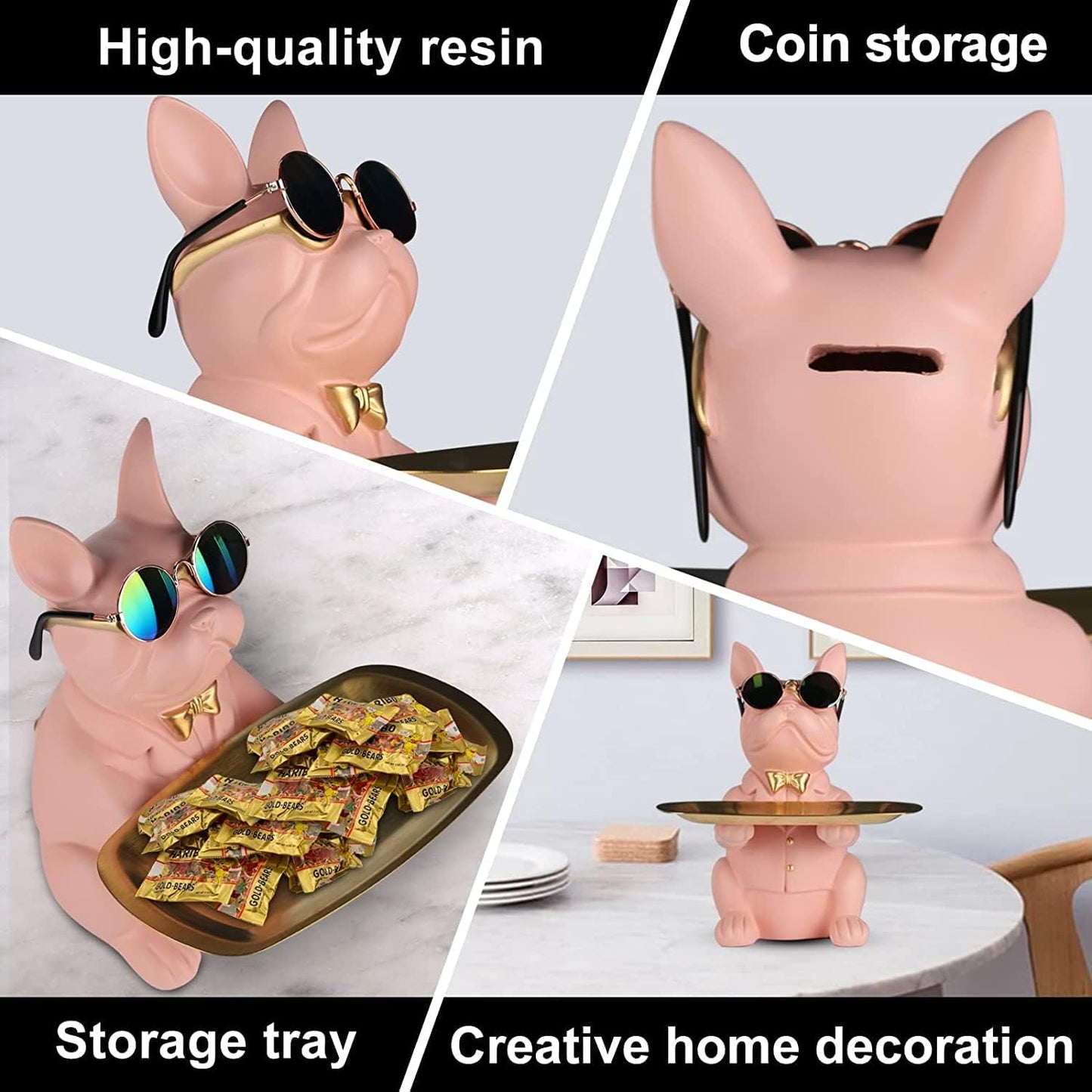 Resin Bulldog Desk Statue With Storage Tray and Cool Glasses Coin Bank Piggy Bank Storage Sculpture Table Decoration Multifunction Money Box Office Home Decor Coin Piggy Bank Storage - Pink