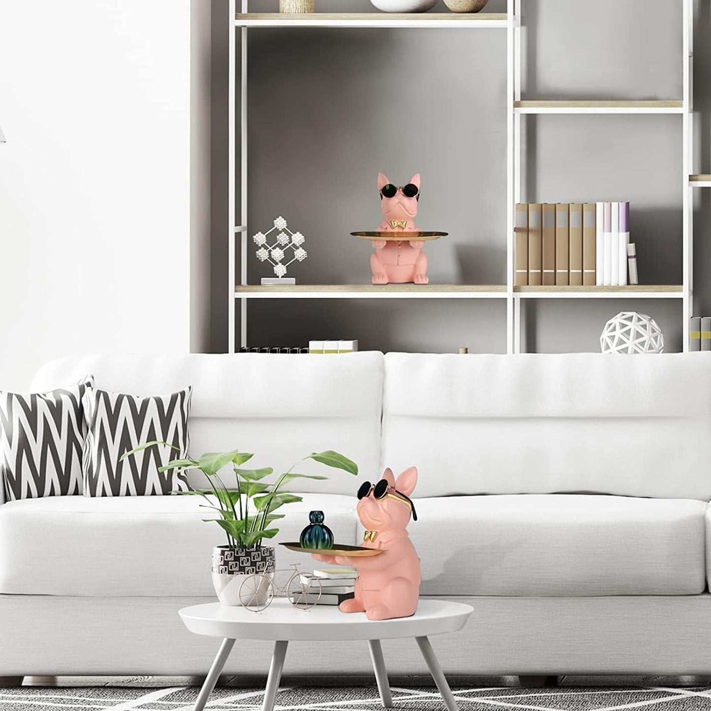 Resin Bulldog Desk Statue With Storage Tray and Cool Glasses Coin Bank Piggy Bank Storage Sculpture Table Decoration Multifunction Money Box Office Home Decor Coin Piggy Bank Storage - Pink