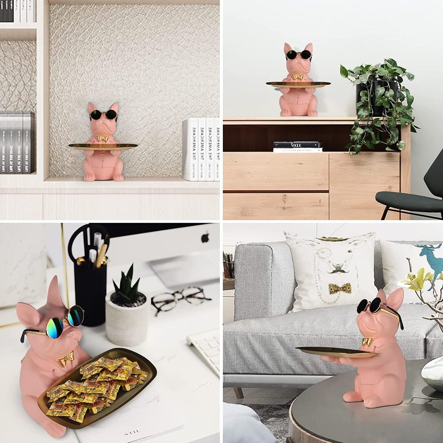 Resin Bulldog Desk Statue With Storage Tray and Cool Glasses Coin Bank Piggy Bank Storage Sculpture Table Decoration Multifunction Money Box Office Home Decor Coin Piggy Bank Storage - Pink