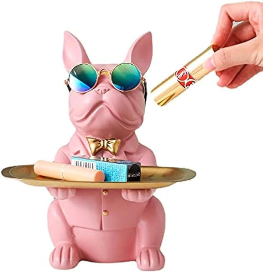Resin Bulldog Desk Statue With Storage Tray and Cool Glasses Coin Bank Piggy Bank Storage Sculpture Table Decoration Multifunction Money Box Office Home Decor Coin Piggy Bank Storage - Pink