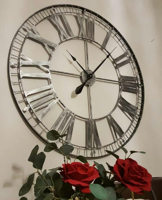 88cm Extra Large Skeleton Wall Clocks - Metal - Rustic Silver - Contemporary Wall Clock - Wall Art - Silent Clock