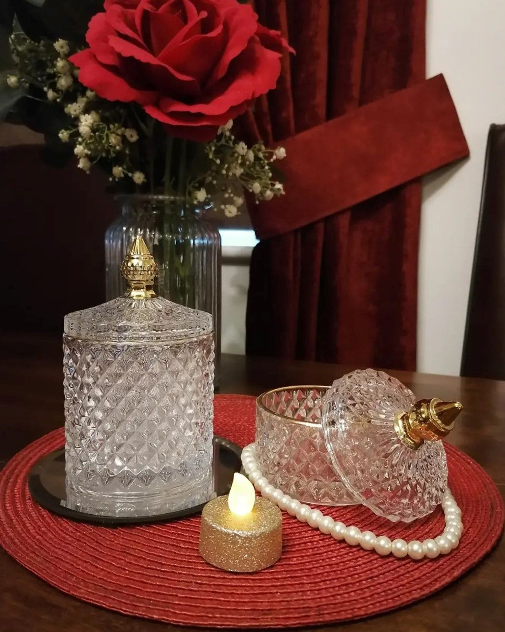 2 Crystal Glass Jars' set (2 pieces - 300ml & 100ml) - For Storage/Jewellery/Candle/Candy