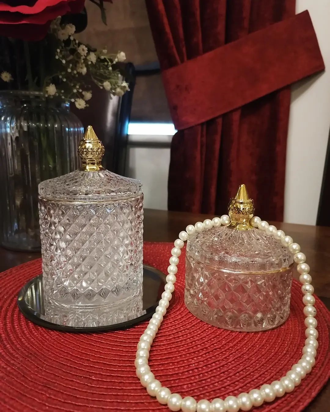 2 Crystal Glass Jars' set (2 pieces - 300ml & 100ml) - For Storage/Jewellery/Candle/Candy
