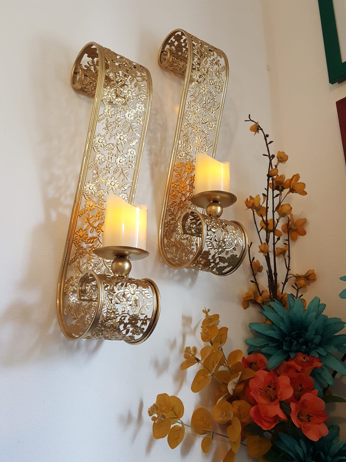 New Metal Scroll Wall Candle Sconces Pair (2 Pieces) - Wall Candle Holders - Wall Art - Golden