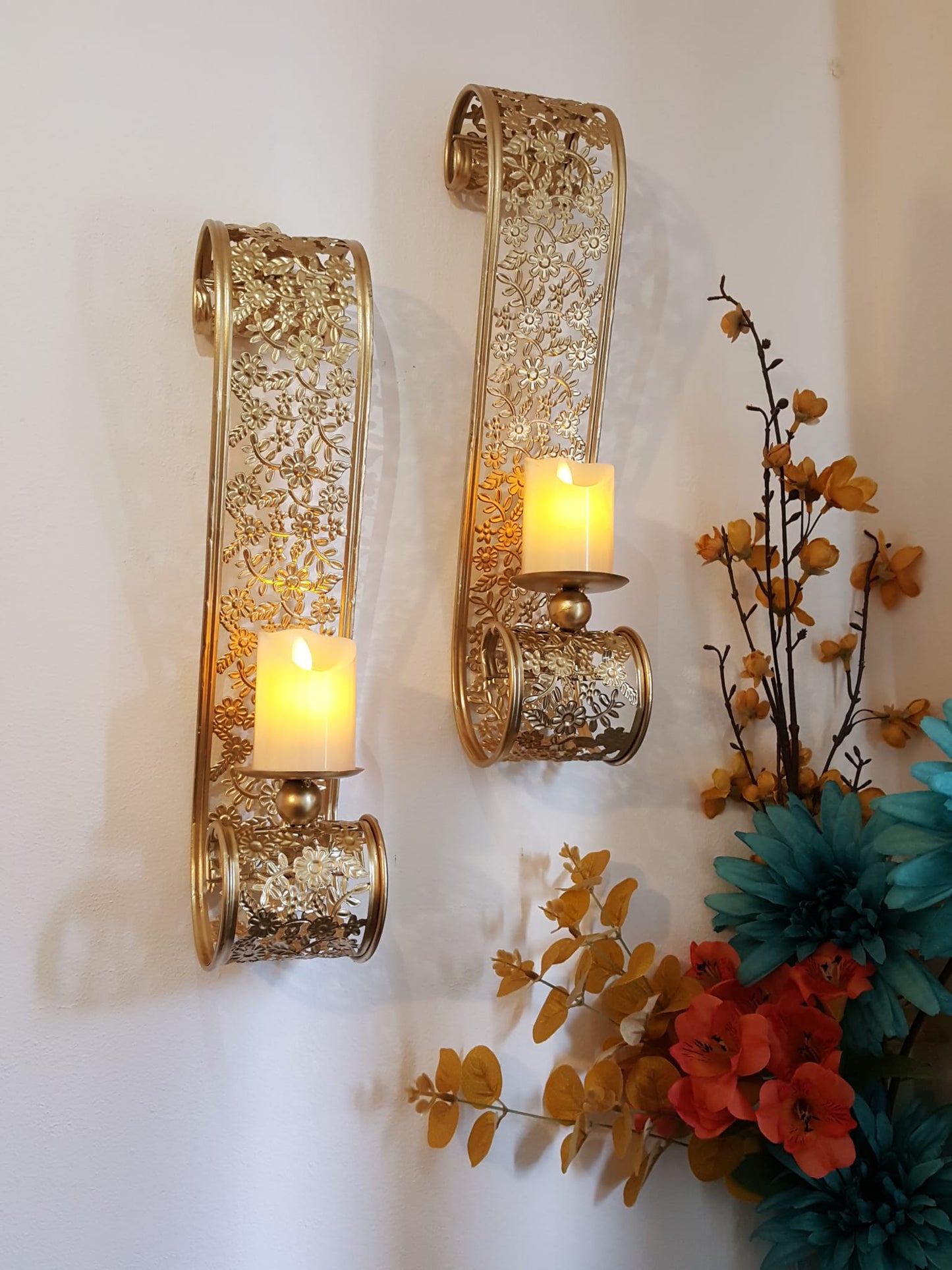 New Metal Scroll Wall Candle Sconces Pair (2 Pieces) - Wall Candle Holders - Wall Art - Golden