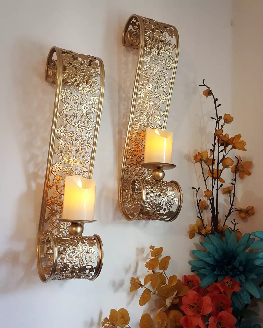 New Metal Scroll Wall Candle Sconces Pair (2 Pieces) - Wall Candle Holders - Wall Art - Golden