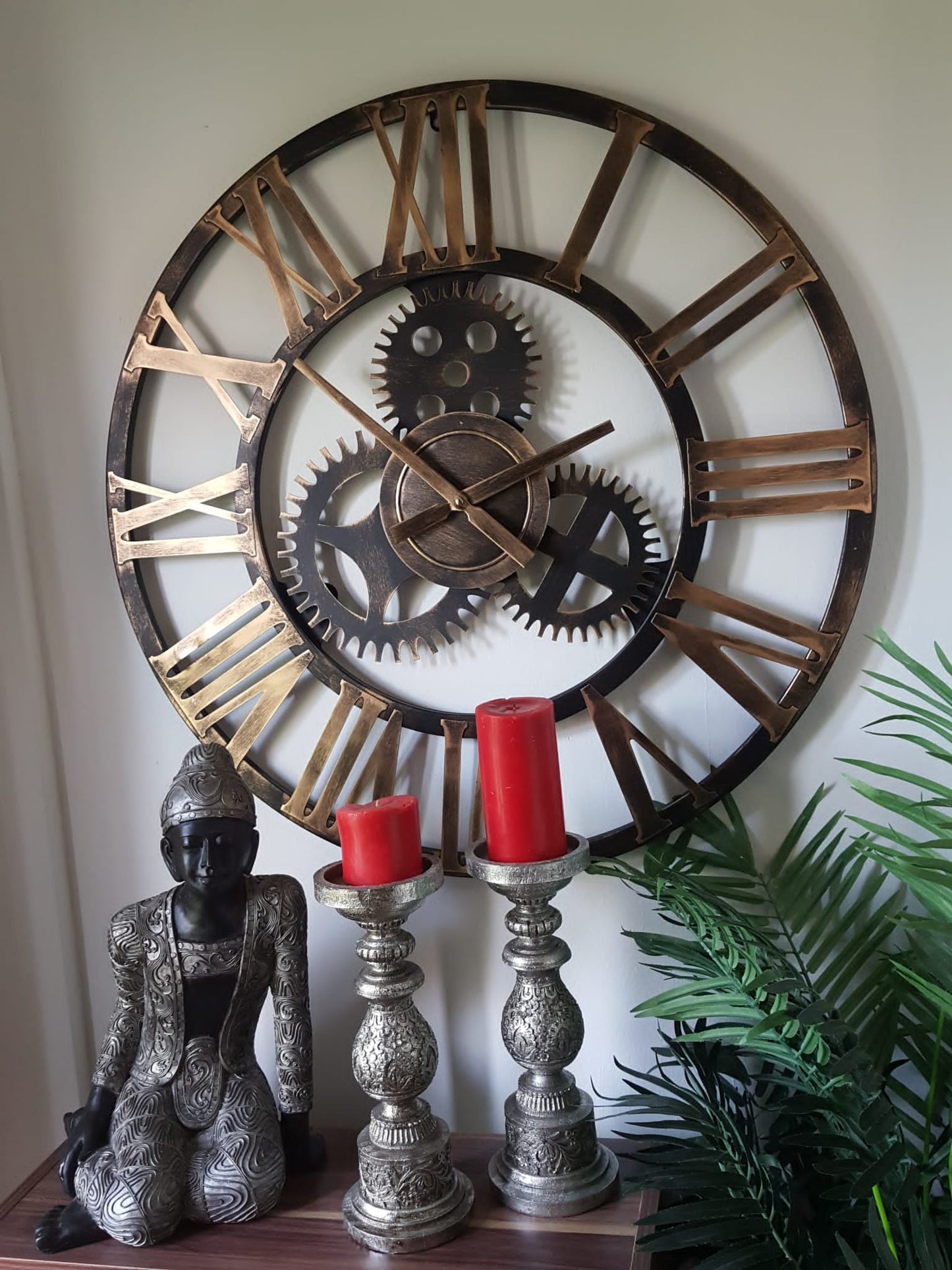 76cm - 100% Metal Large Skeleton Gear Wall Clock - Rustic Gold - Industrial Mechanical Look - Silent Clock