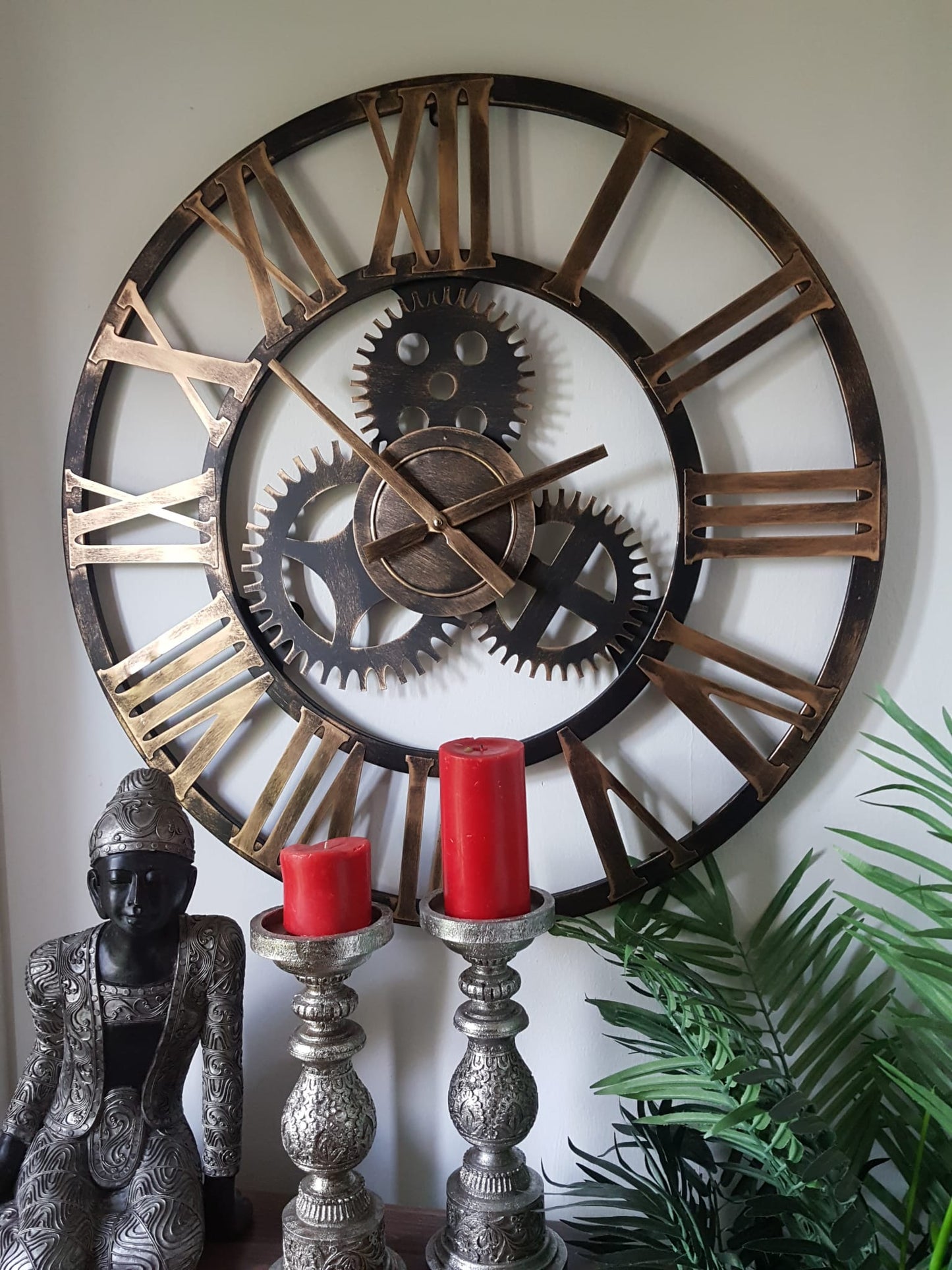 76cm - 100% Metal Large Skeleton Gear Wall Clock - Rustic Gold - Industrial Mechanical Look - Silent Clock