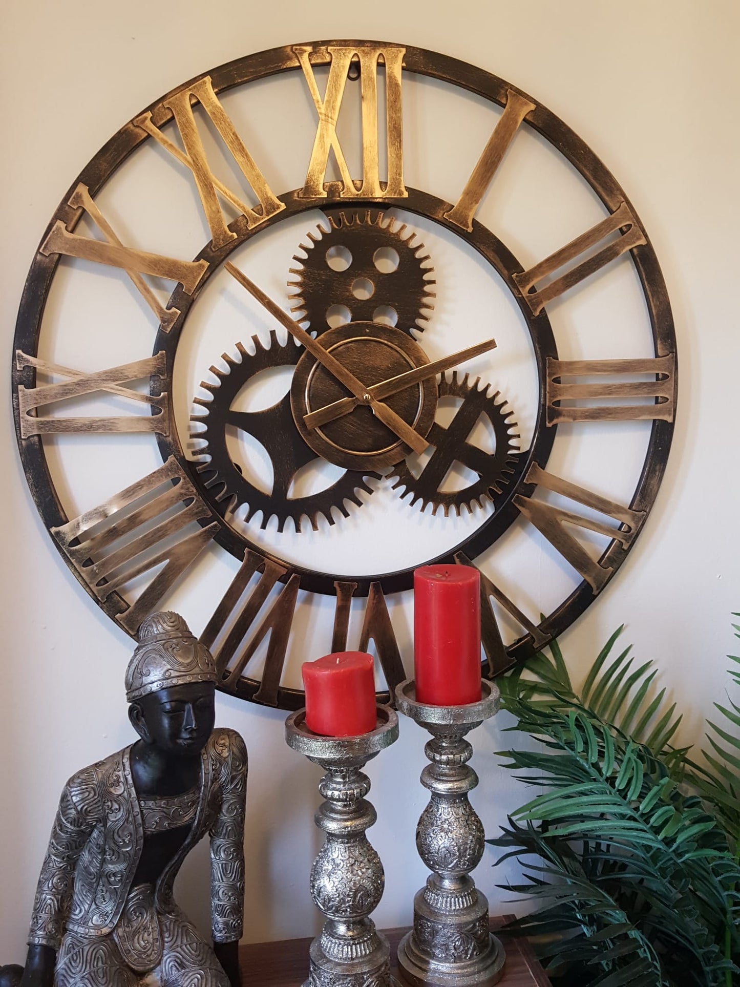 76cm - 100% Metal Large Skeleton Gear Wall Clock - Rustic Gold - Industrial Mechanical Look - Silent Clock