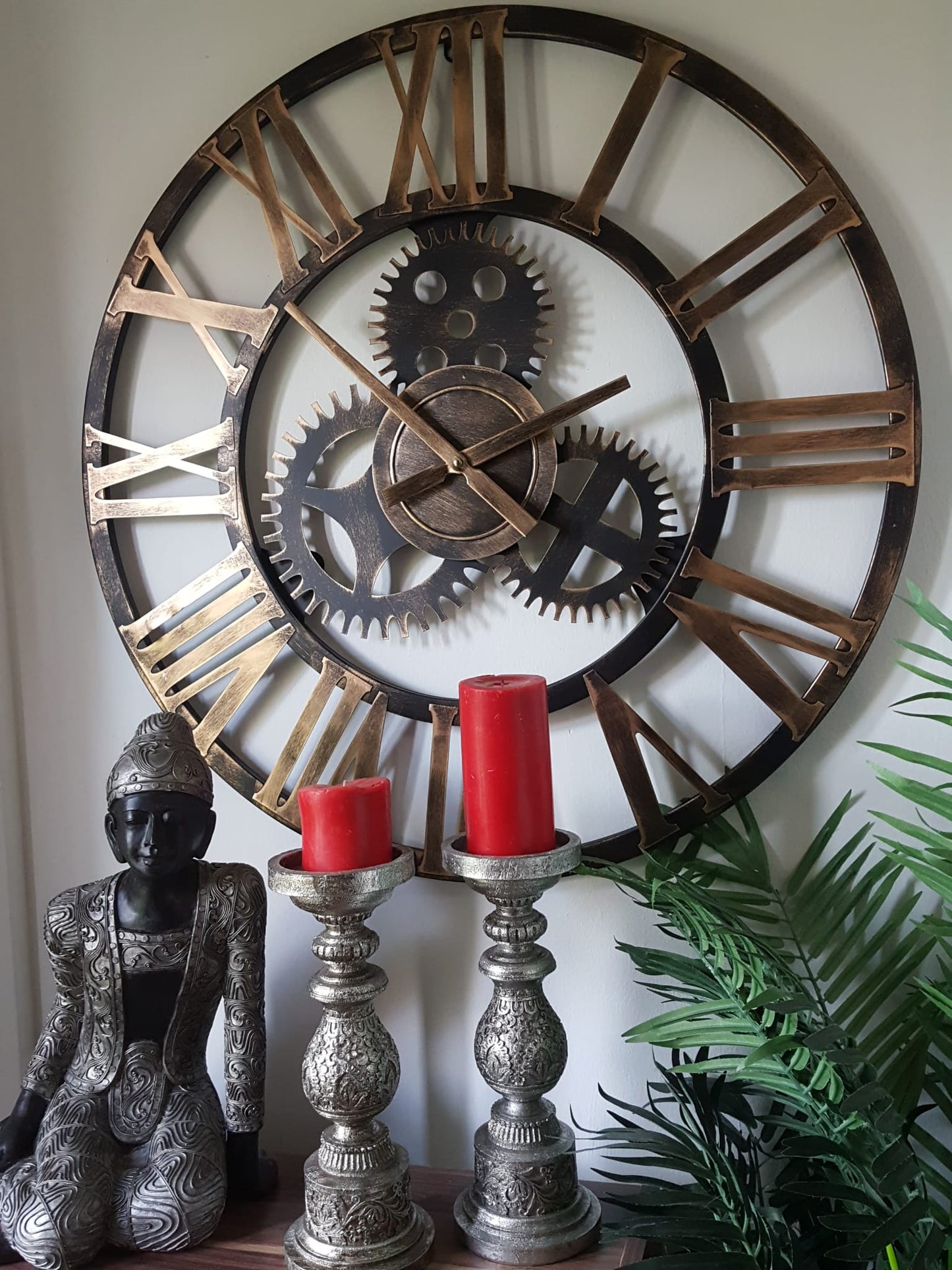 76cm - 100% Metal Large Skeleton Gear Wall Clock - Rustic Gold - Industrial Mechanical Look - Silent Clock