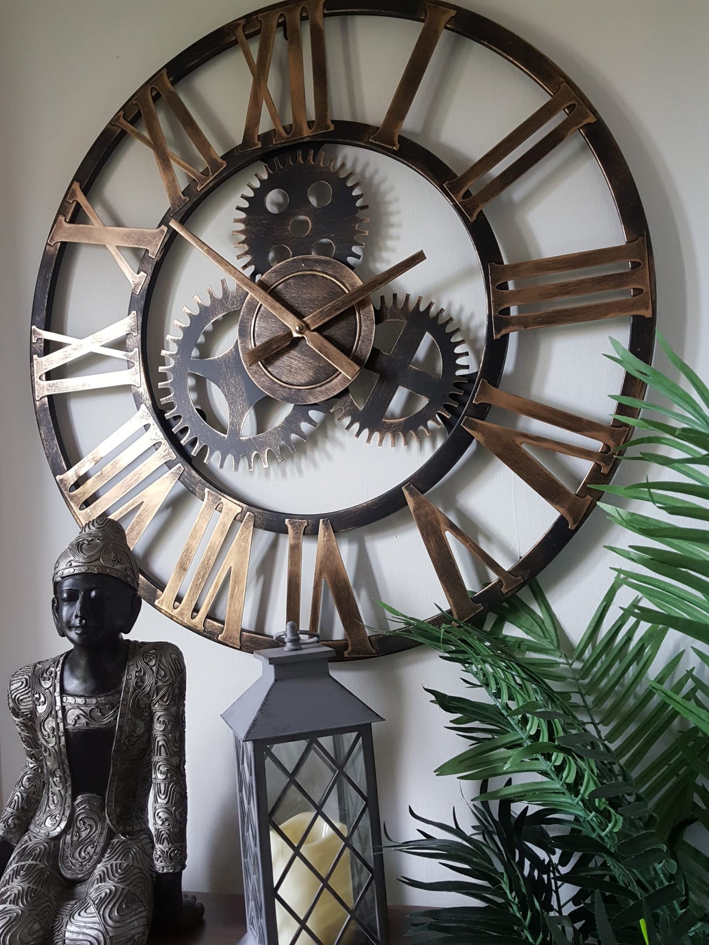 76cm - 100% Metal Large Skeleton Gear Wall Clock - Rustic Gold - Industrial Mechanical Look - Silent Clock