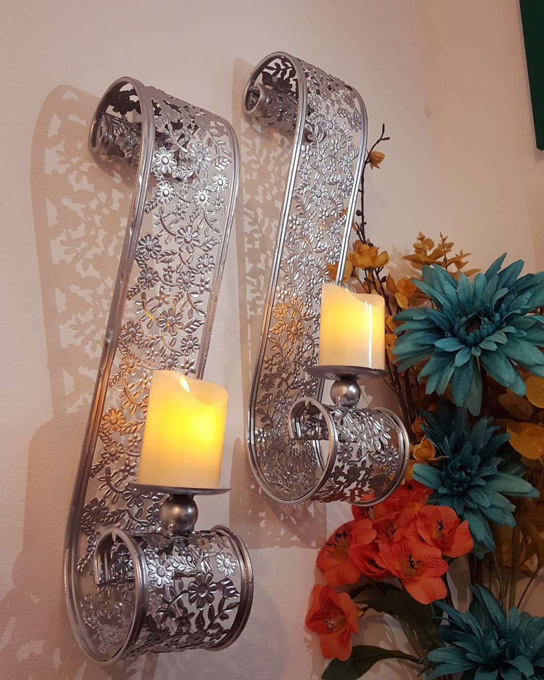New Metal Scroll Wall Candle Sconces Pair (2 pieces) - Wall Candle Holders - Wall Art - Silver