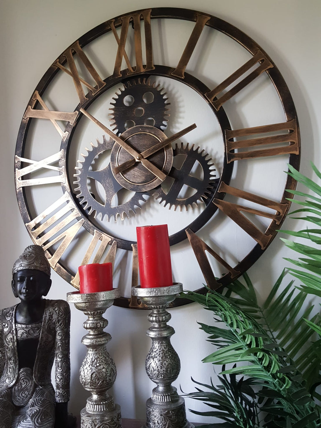 76cm rustic gold metal gear wall clock with Roman numerals and decorative gears