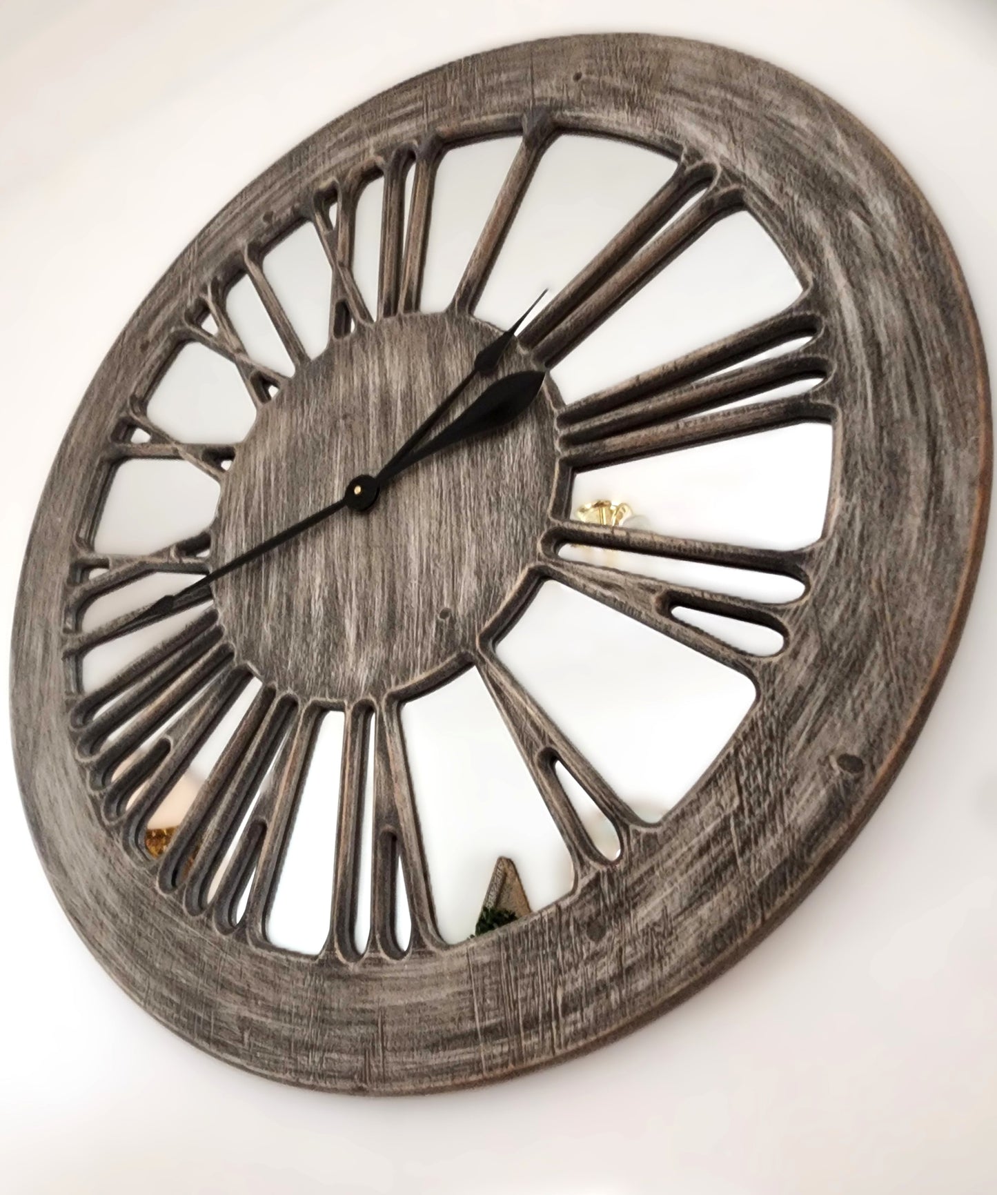 Wooden Mirror Wall Clock - XL 80cm Extra Large Skeleton Wall Clock - Wooden Wall Clock with Mirror - Roman Numerals Large for Living Room Wall - Wall Art - Contemporary Wall Clock - Silent Clock