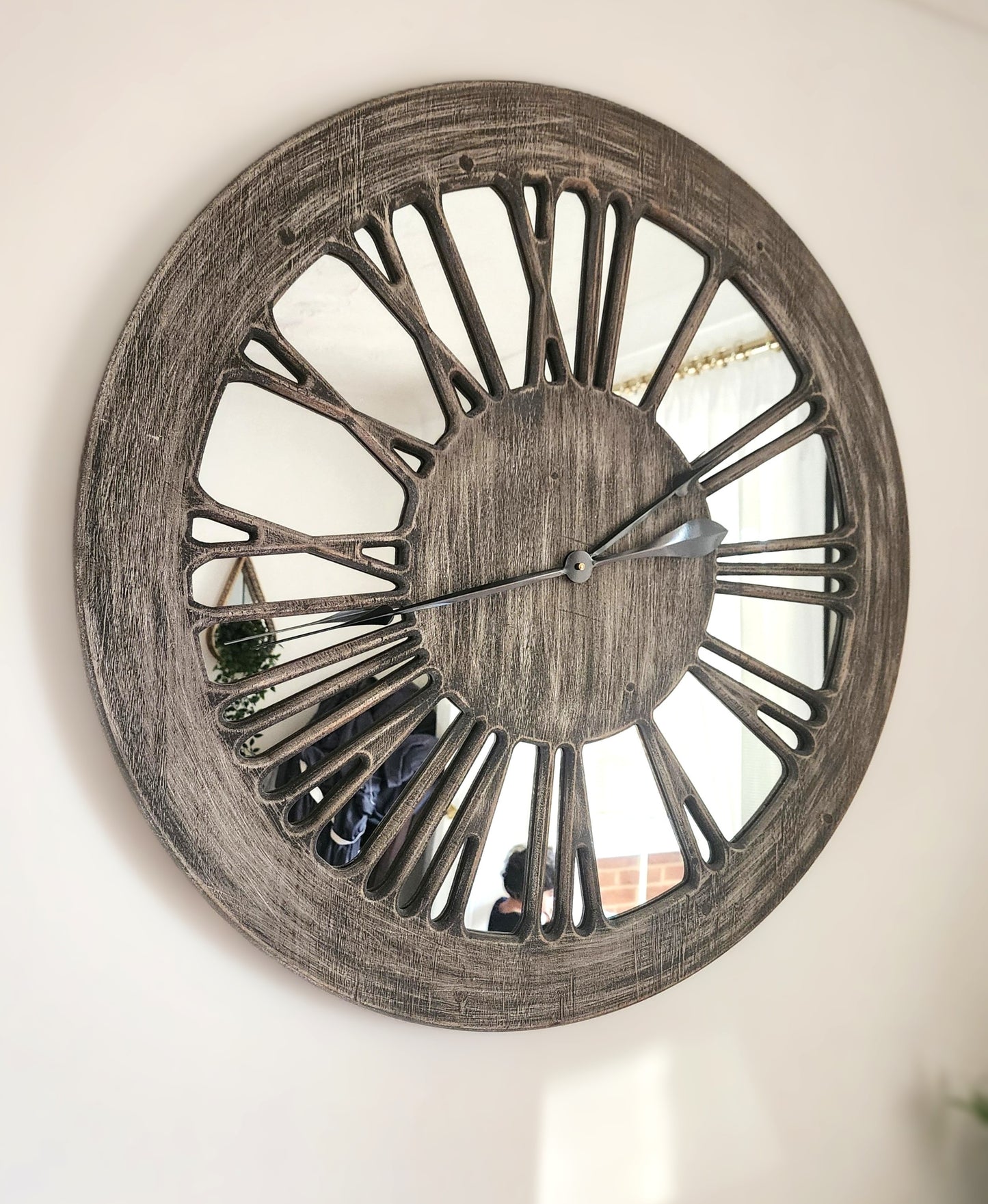 Wooden Mirror Wall Clock - XL 80cm Extra Large Skeleton Wall Clock - Wooden Wall Clock with Mirror - Roman Numerals Large for Living Room Wall - Wall Art - Contemporary Wall Clock - Silent Clock