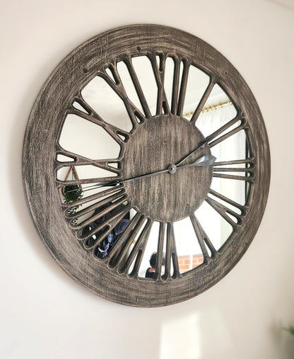 Wooden Mirror Wall Clock - XL 80cm Extra Large Skeleton Wall Clock - Wooden Wall Clock with Mirror - Roman Numerals Large for Living Room Wall - Wall Art - Contemporary Wall Clock - Silent Clock