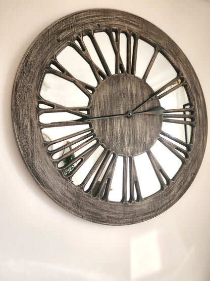 Wooden Mirror Wall Clock - XL 80cm Extra Large Skeleton Wall Clock - Wooden Wall Clock with Mirror - Roman Numerals Large for Living Room Wall - Wall Art - Contemporary Wall Clock - Silent Clock