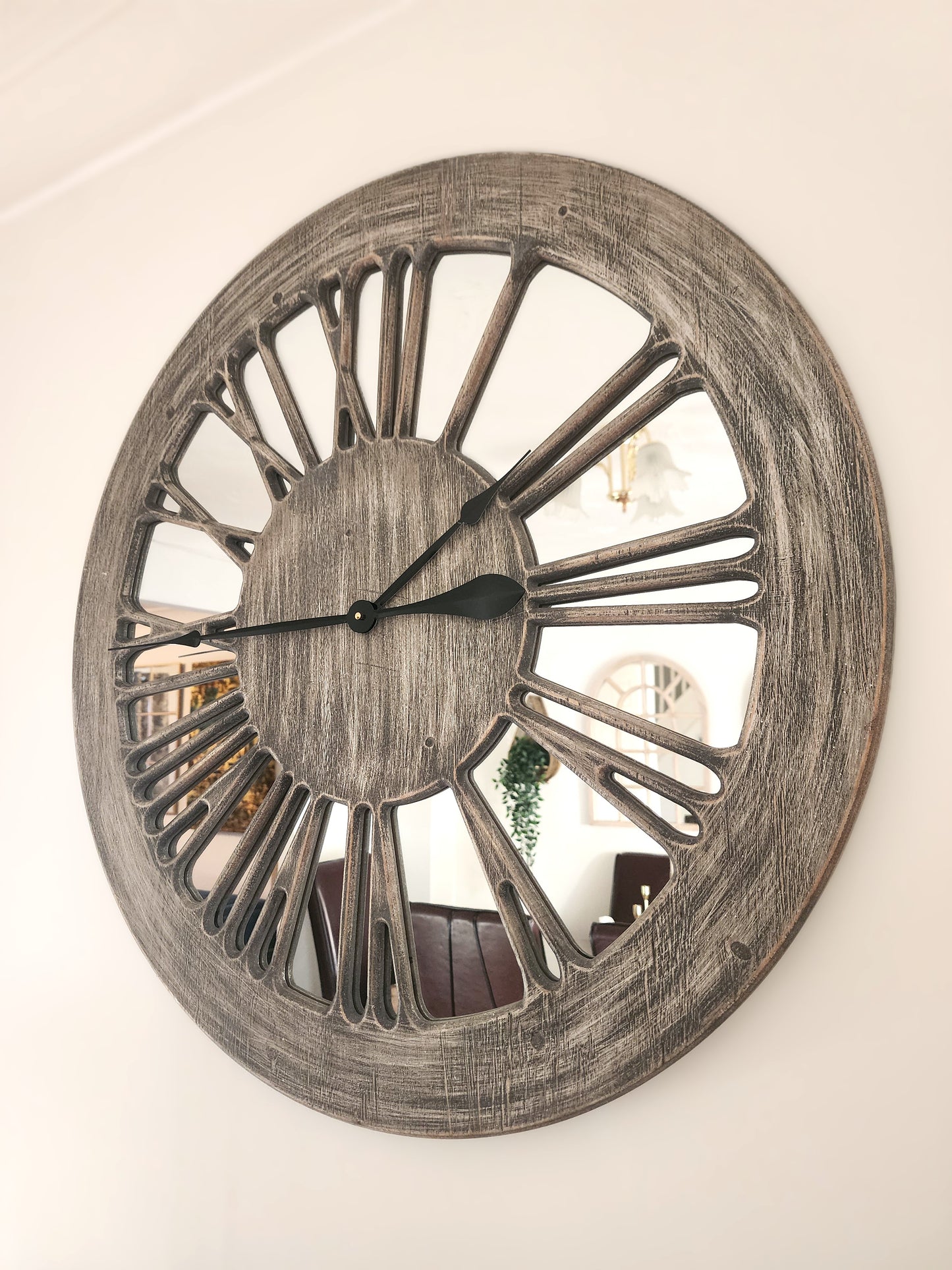 Wooden Mirror Wall Clock - XL 80cm Extra Large Skeleton Wall Clock - Wooden Wall Clock with Mirror - Roman Numerals Large for Living Room Wall - Wall Art - Contemporary Wall Clock - Silent Clock