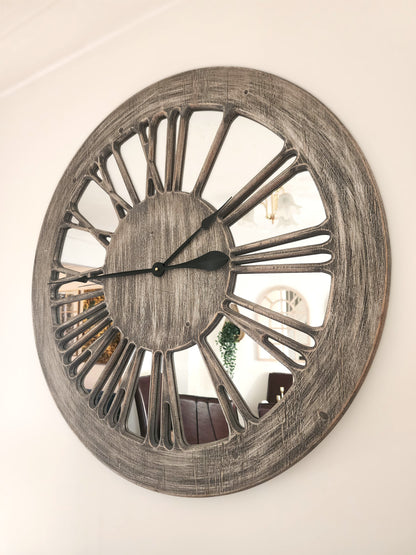 Wooden Mirror Wall Clock - XL 80cm Extra Large Skeleton Wall Clock - Wooden Wall Clock with Mirror - Roman Numerals Large for Living Room Wall - Wall Art - Contemporary Wall Clock - Silent Clock