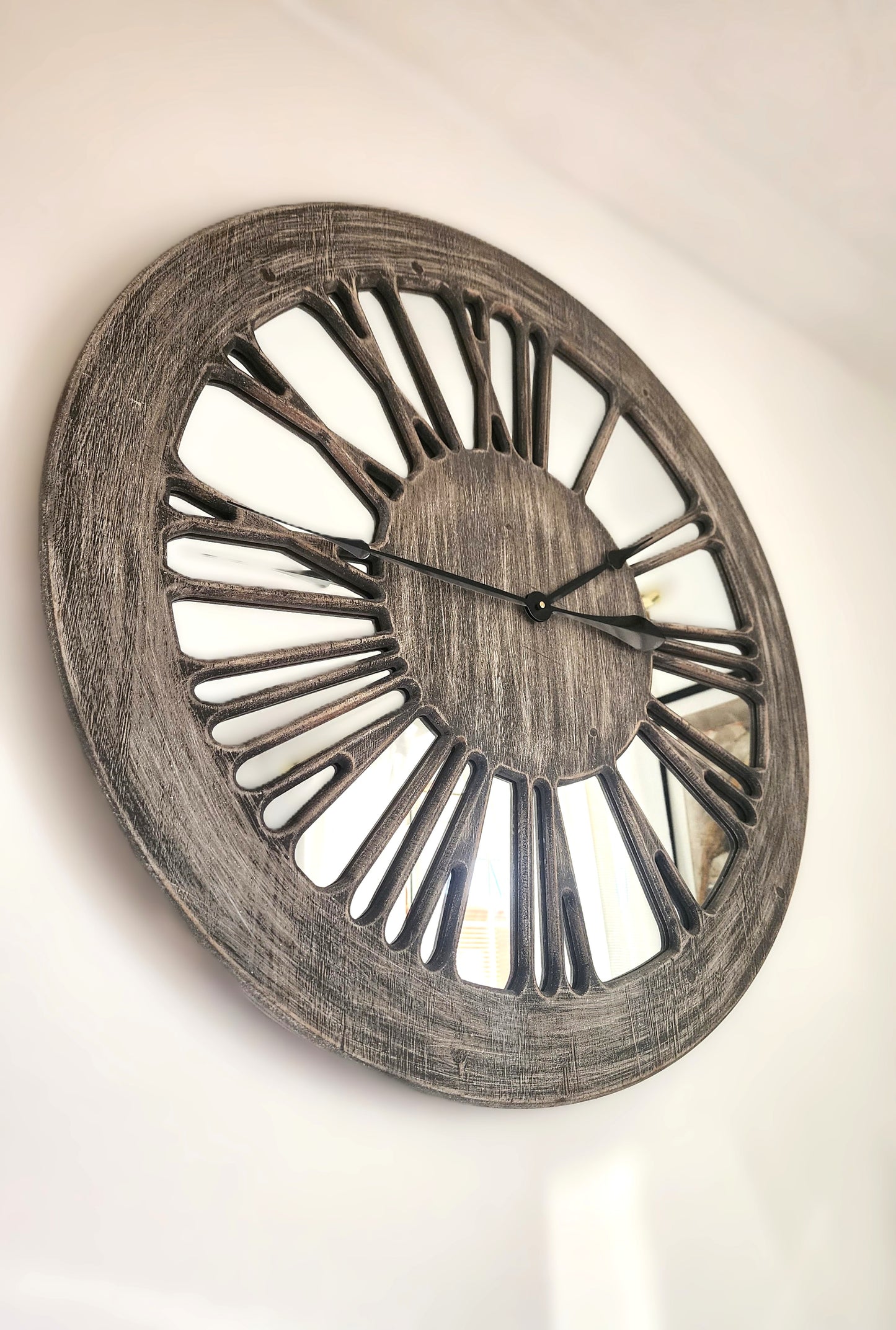 Wooden Mirror Wall Clock - XL 80cm Extra Large Skeleton Wall Clock - Wooden Wall Clock with Mirror - Roman Numerals Large for Living Room Wall - Wall Art - Contemporary Wall Clock - Silent Clock