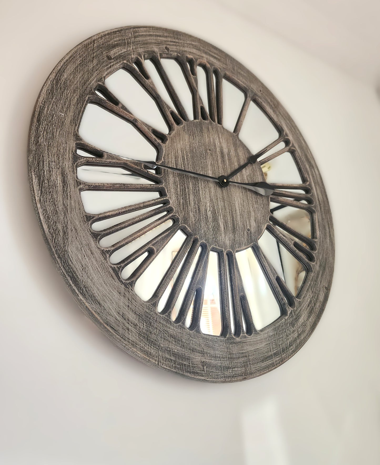 Wooden Mirror Wall Clock - XL 80cm Extra Large Skeleton Wall Clock - Wooden Wall Clock with Mirror - Roman Numerals Large for Living Room Wall - Wall Art - Contemporary Wall Clock - Silent Clock