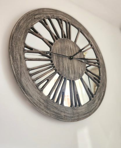 Wooden Mirror Wall Clock - XL 80cm Extra Large Skeleton Wall Clock - Wooden Wall Clock with Mirror - Roman Numerals Large for Living Room Wall - Wall Art - Contemporary Wall Clock - Silent Clock