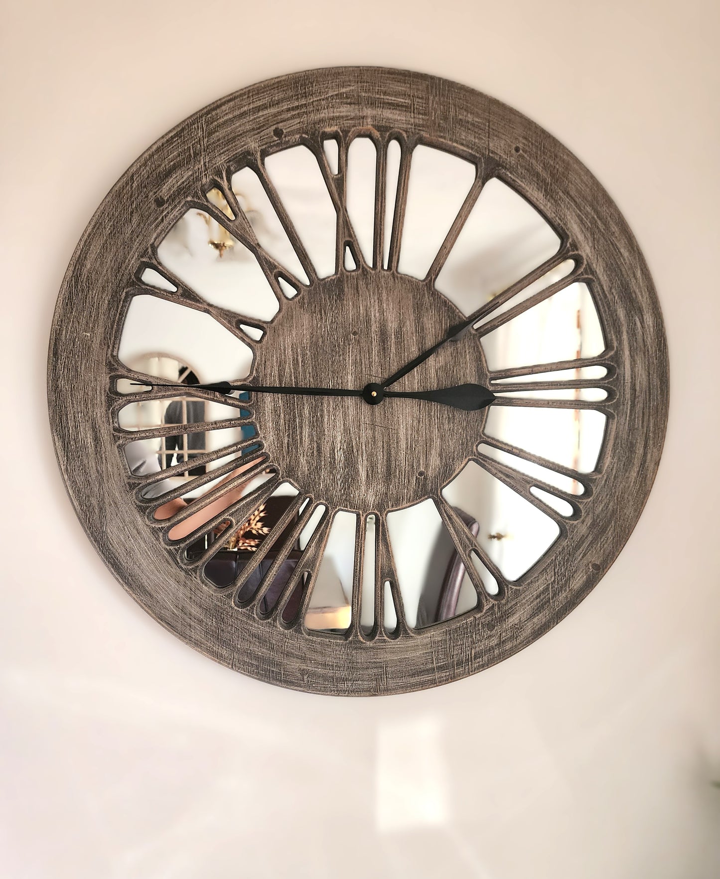 Wooden Mirror Wall Clock - XL 80cm Extra Large Skeleton Wall Clock - Wooden Wall Clock with Mirror - Roman Numerals Large for Living Room Wall - Wall Art - Contemporary Wall Clock - Silent Clock