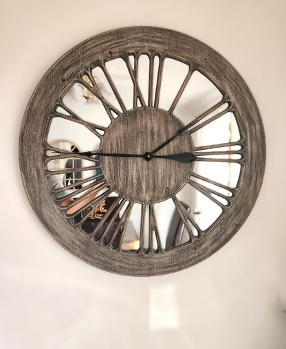 Wooden Mirror Wall Clock - XL 80cm Extra Large Skeleton Wall Clock - Wooden Wall Clock with Mirror - Roman Numerals Large for Living Room Wall - Wall Art - Contemporary Wall Clock - Silent Clock