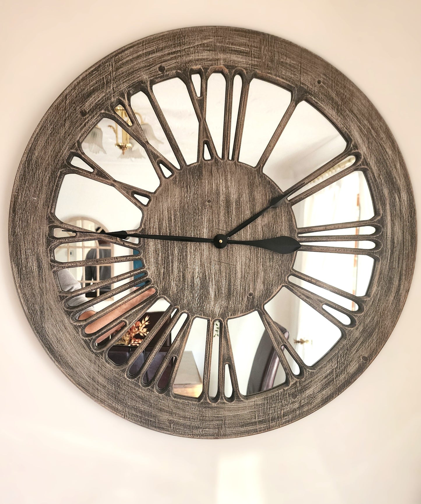 Wooden Mirror Wall Clock - XL 80cm Extra Large Skeleton Wall Clock - Wooden Wall Clock with Mirror - Roman Numerals Large for Living Room Wall - Wall Art - Contemporary Wall Clock - Silent Clock
