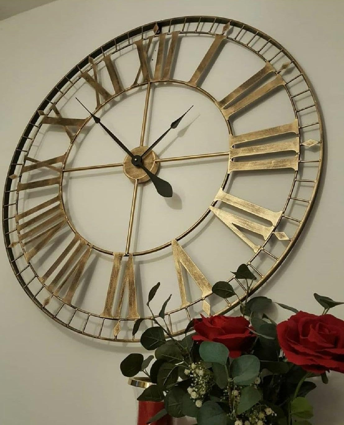 88cm extra large skeleton wall clock in rustic gold metal with Roman numerals