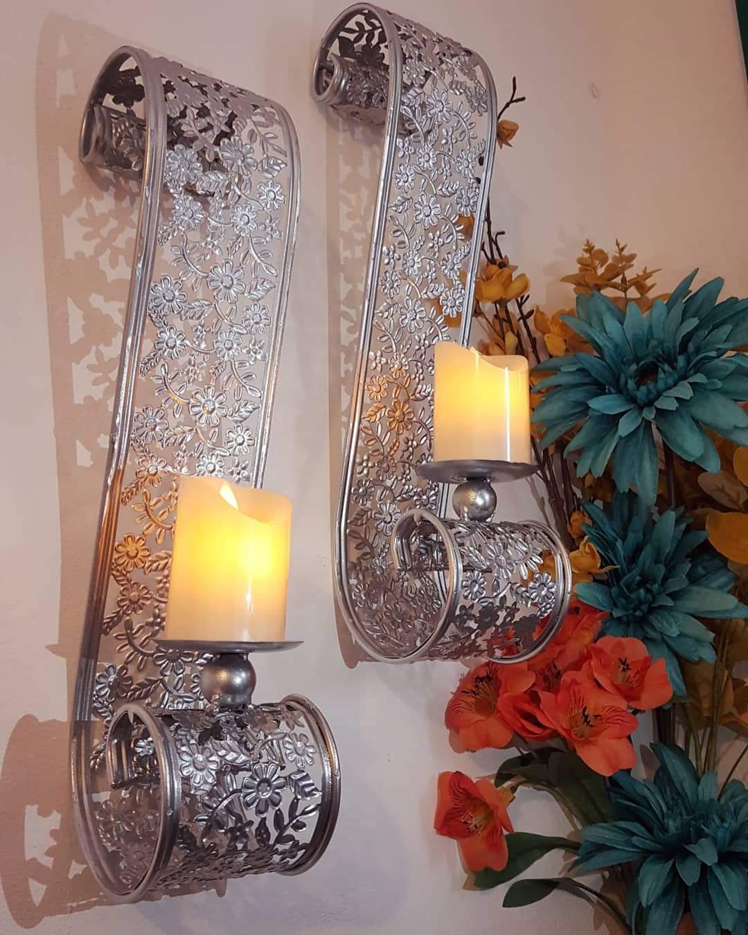 New Metal Scroll Wall Candle Sconces Pair (2 pieces) - Wall Candle Holders - Wall Art - Silver