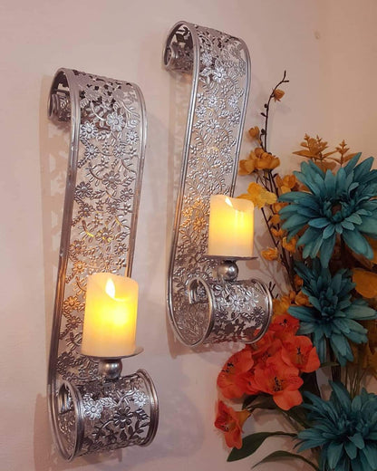 New Metal Scroll Wall Candle Sconces Pair (2 pieces) - Wall Candle Holders - Wall Art - Silver