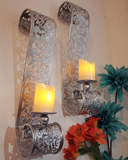 New Metal Scroll Wall Candle Sconces Pair (2 pieces) - Wall Candle Holders - Wall Art - Silver