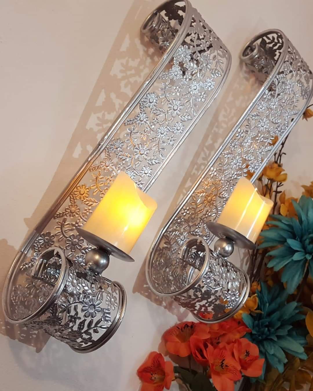 New Metal Scroll Wall Candle Sconces Pair (2 pieces) - Wall Candle Holders - Wall Art - Silver