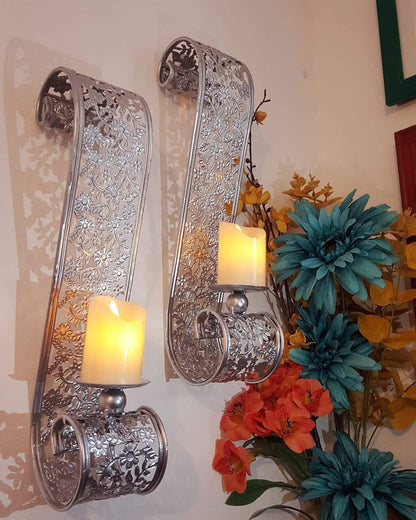 New Metal Scroll Wall Candle Sconces Pair (2 pieces) - Wall Candle Holders - Wall Art - Silver