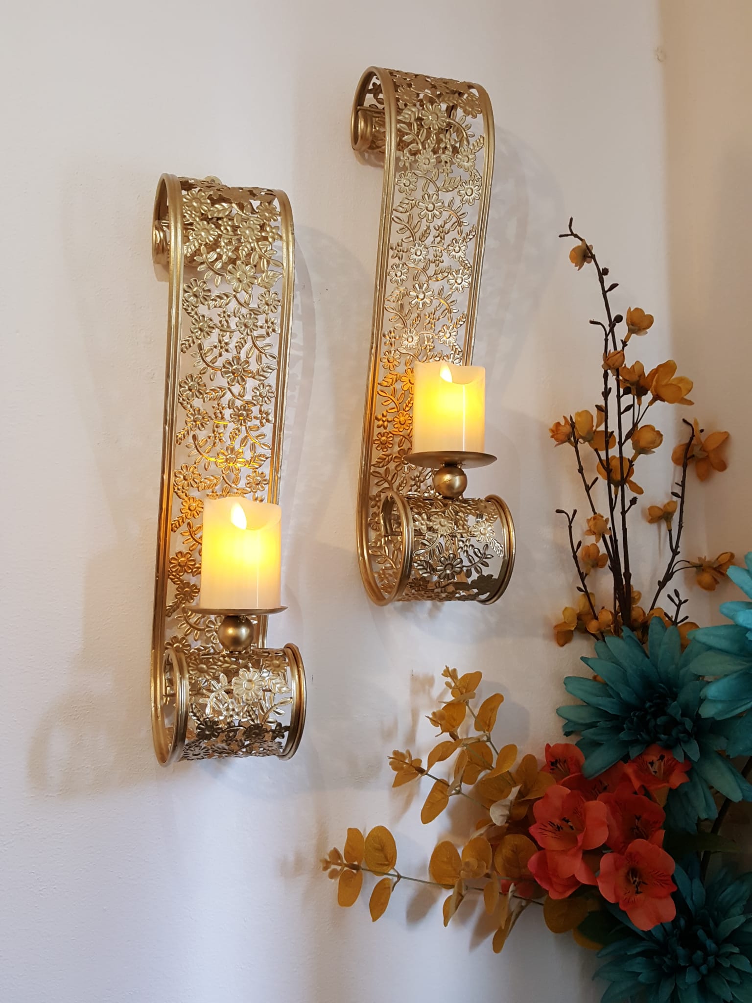 New Metal Wall Candle Sconces Pair with Led Wax Candles - Wall Candle Holders - Golden