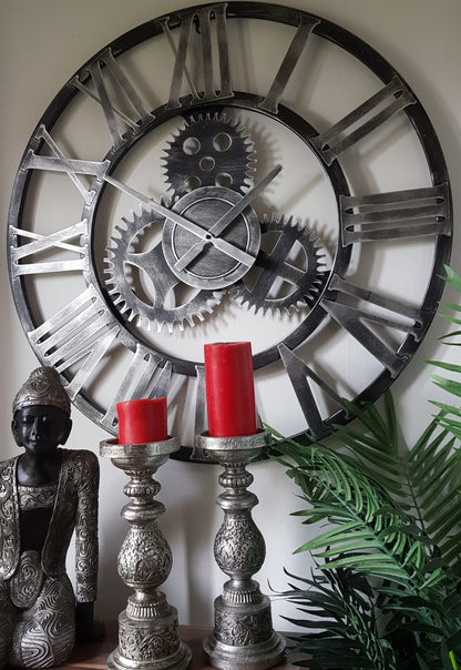 76cm - 100% Metal Large Skeleton Gear Wall Clock - Rustic Silver - Industrial Mechanical Look - Silent Clock