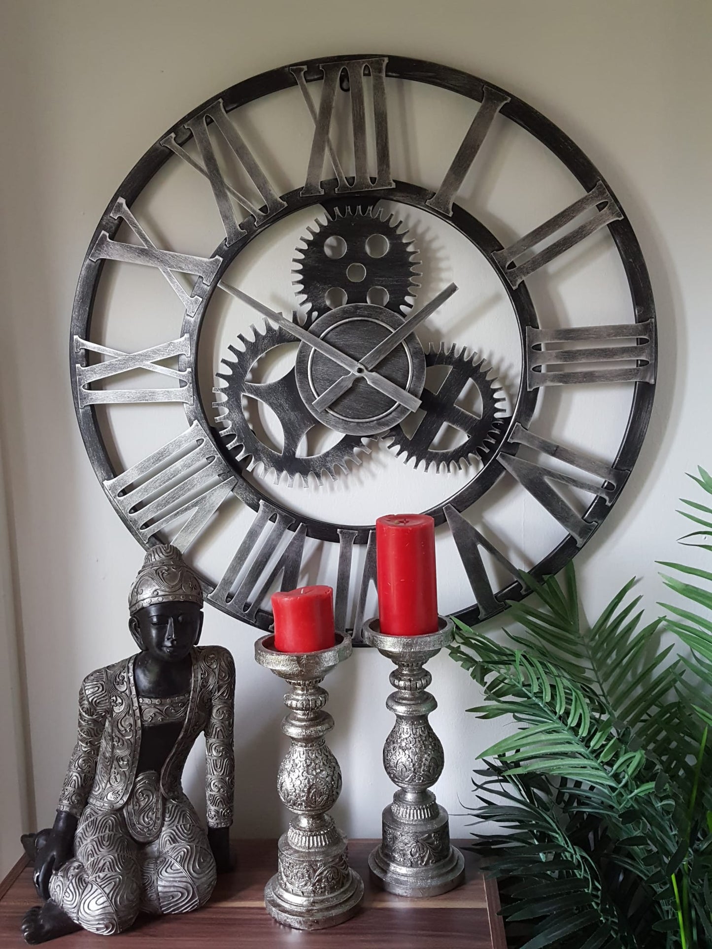 76cm - 100% Metal Large Skeleton Gear Wall Clock - Rustic Silver - Industrial Mechanical Look - Silent Clock