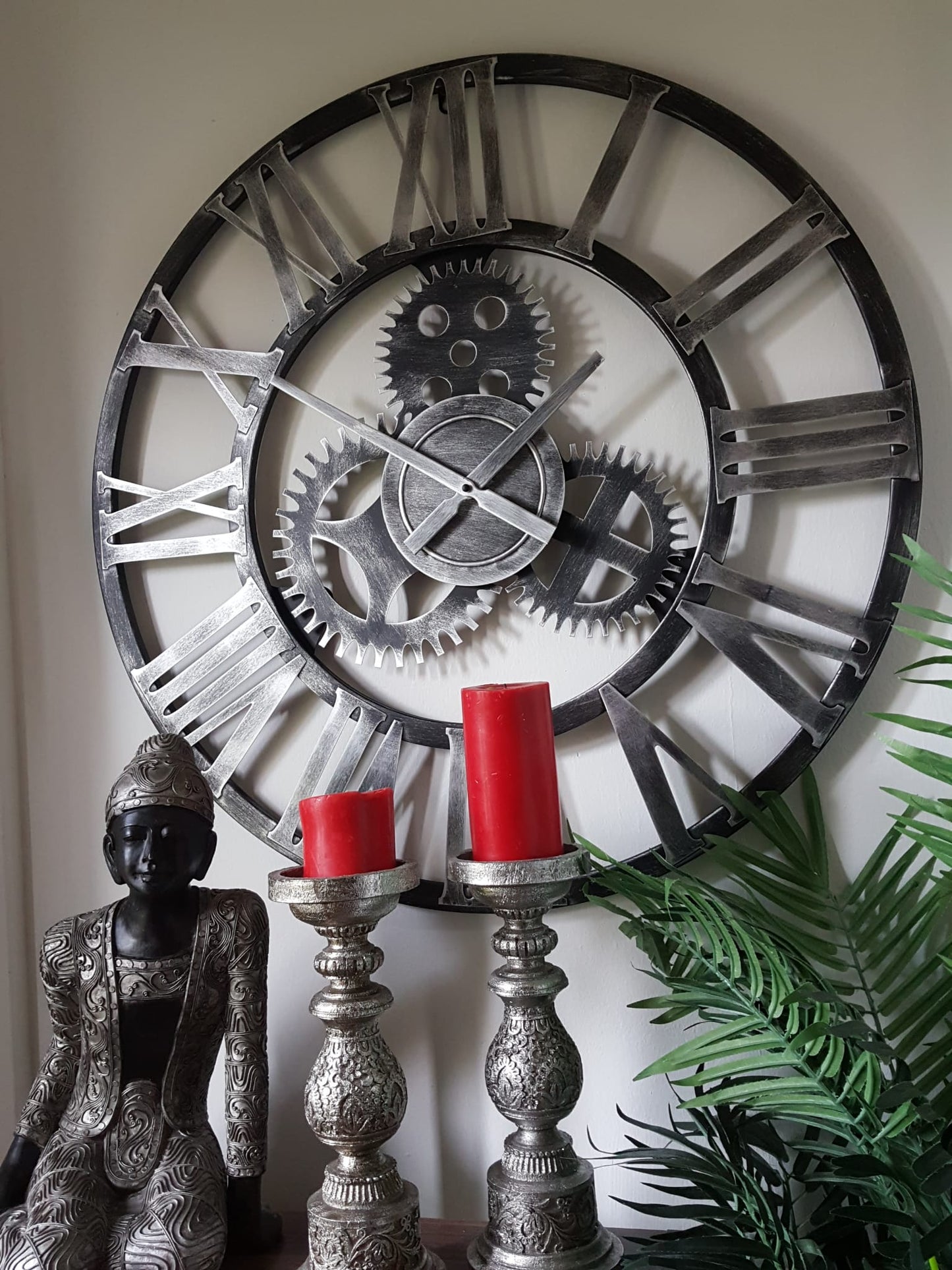 76cm - 100% Metal Large Skeleton Gear Wall Clock - Rustic Silver - Industrial Mechanical Look - Silent Clock