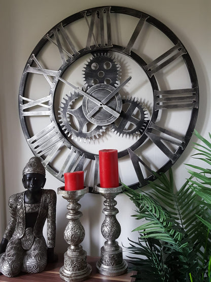 76cm - 100% Metal Large Skeleton Gear Wall Clock - Rustic Silver - Industrial Mechanical Look - Silent Clock